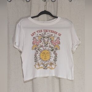 Vibe White Tee with Sun and Floral Design 100% Cotton